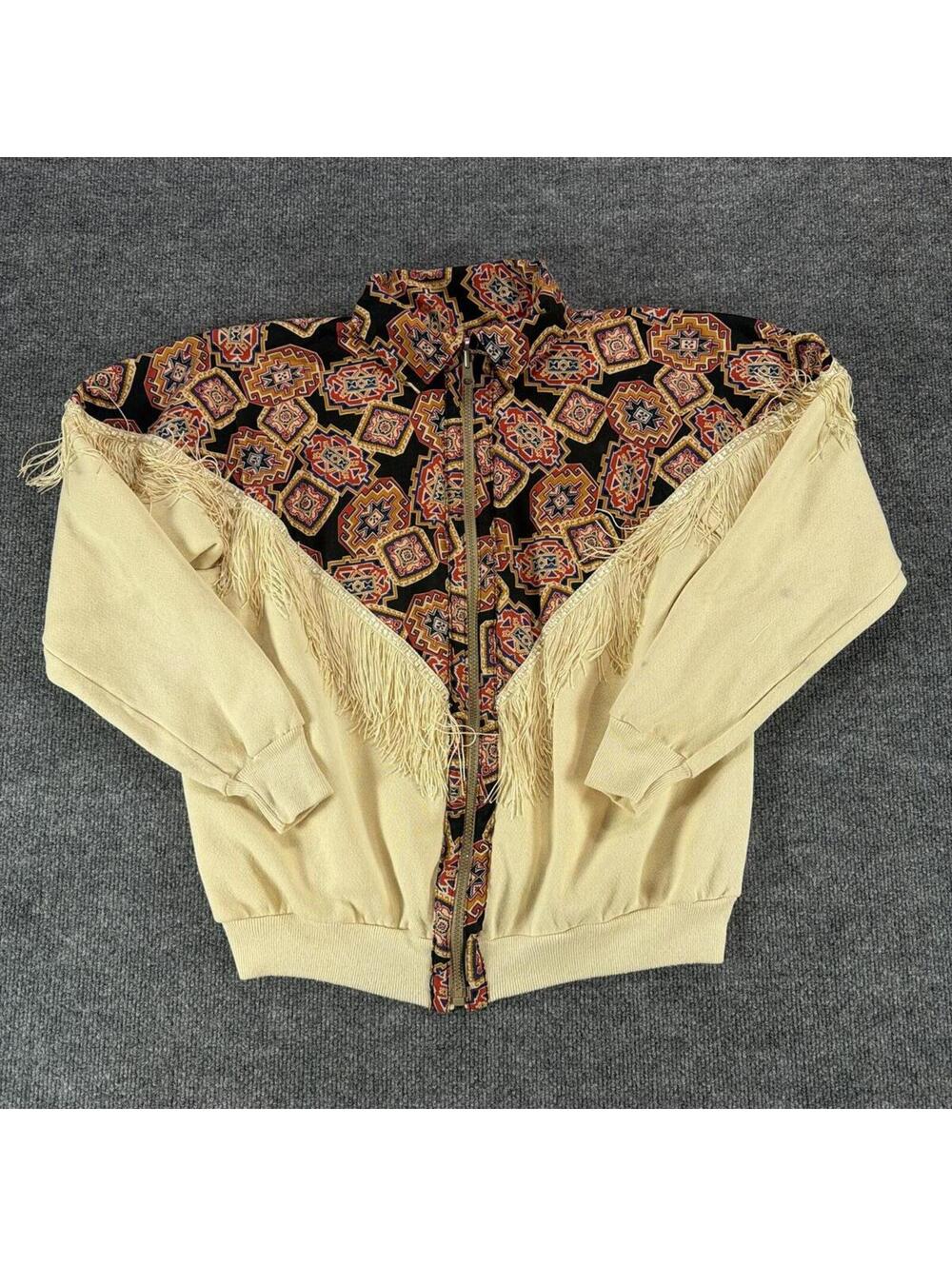 Vintage Western Style Zip-Up Fringe Jacket Southwestern Pattern L Cowboy, Fleece